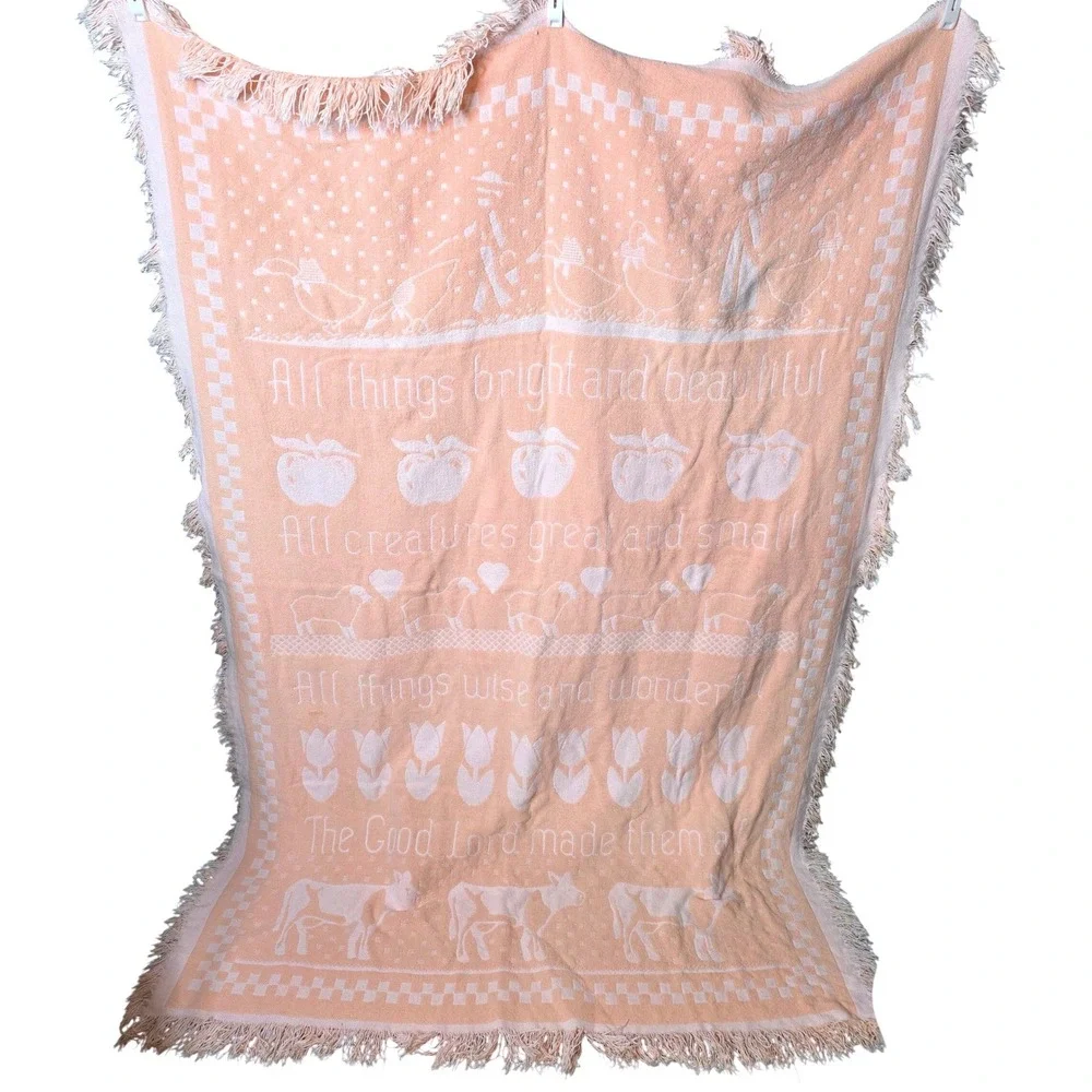 Vintage All Things Bright and Beautiful Peach Woven Fringe Throw Blanket Cottage